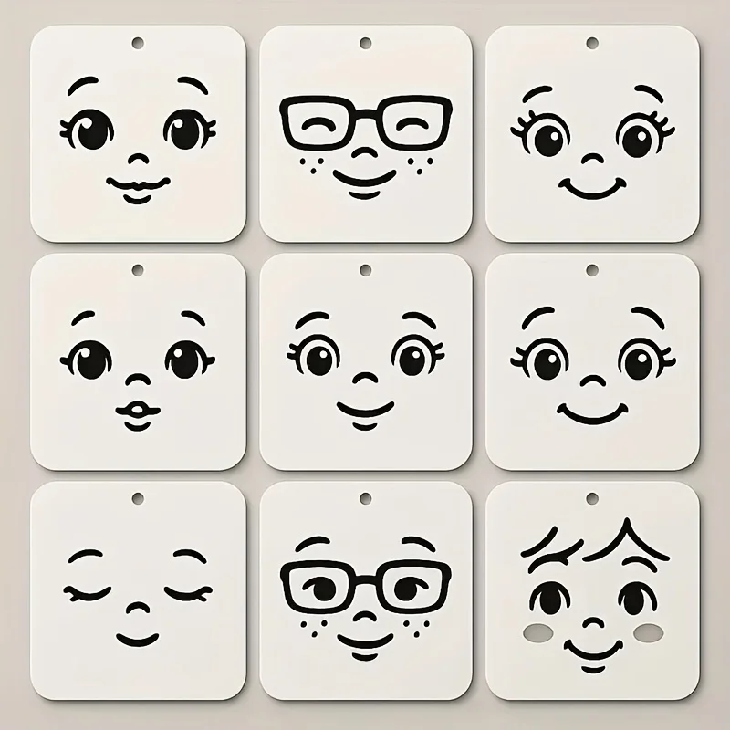 9Pcs Large Facial Stencils, Reusable Multi-Expression Templates for DIY Painting, Crafts, Doll Making & Holiday Decor