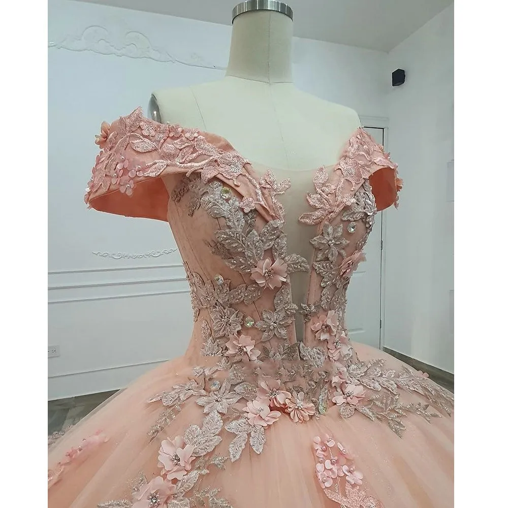 Rosa quinceanera vestidos de baile fora do ombro tule apliques inchado mexicano doce 16 vestidos 15 anos