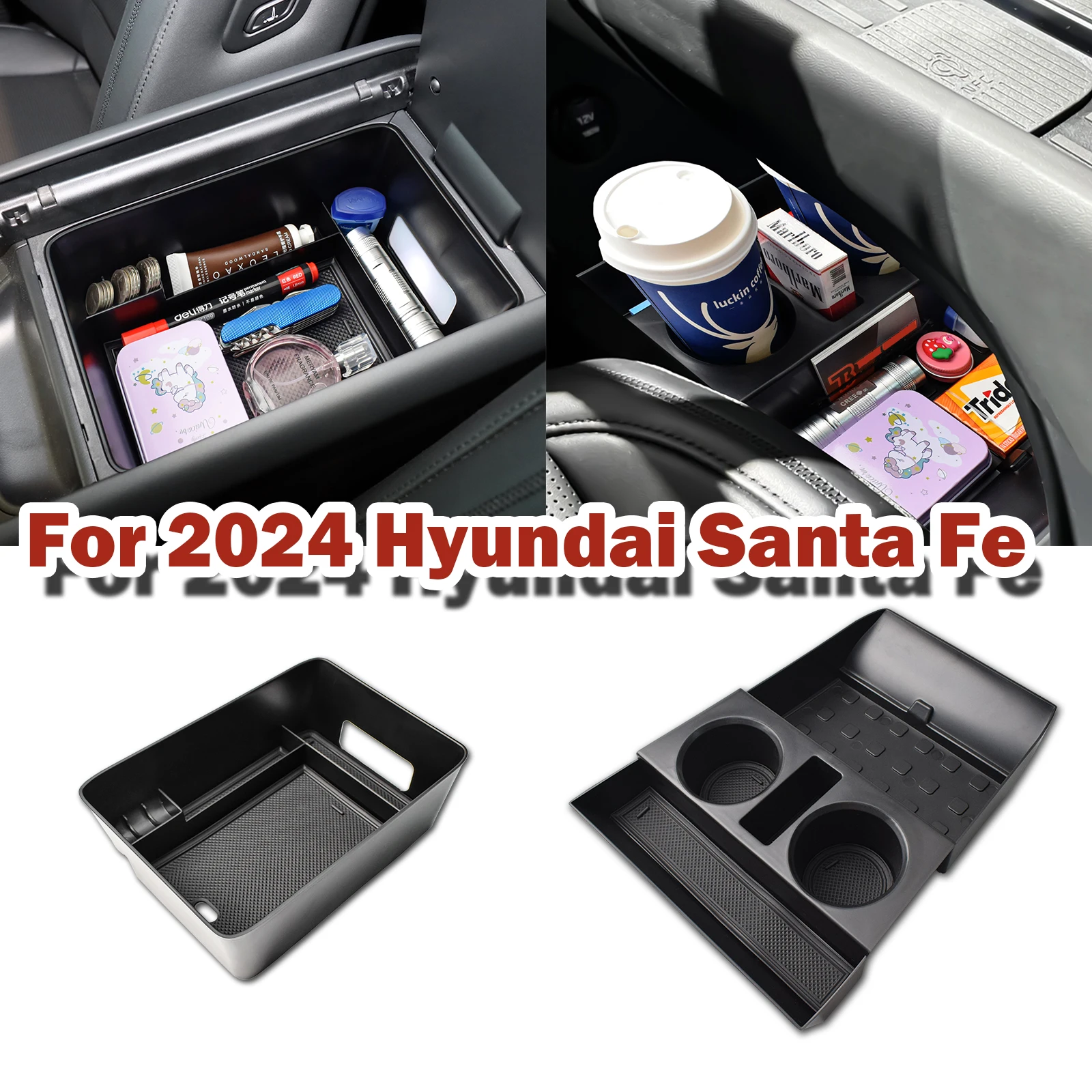 

2PCS Center Console Organizer Cup Holder For 2024 Hyundai Santa Fe Center Console Lower Tray Armrest Storage Box Car Accessories