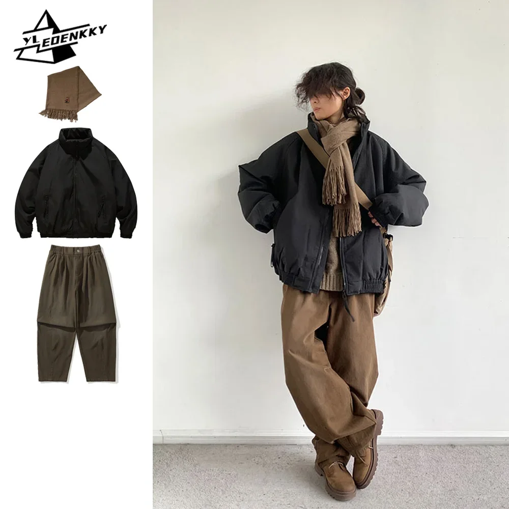 Zimowy zestaw retro mężczyźni kobiety zagęszczona ciepła lekka parka + luźne proste nogawki szerokie nogawki Casual Cargo spodnie japoński garnitur unisex