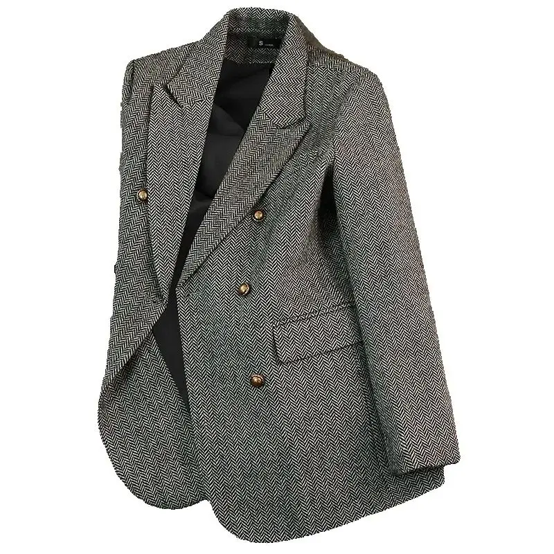 High Quality Stripe Woolen Blazer Women Spring Autumn Jacket Double Breasted Long Sleeve Business Formal Jacket Female Outerwear