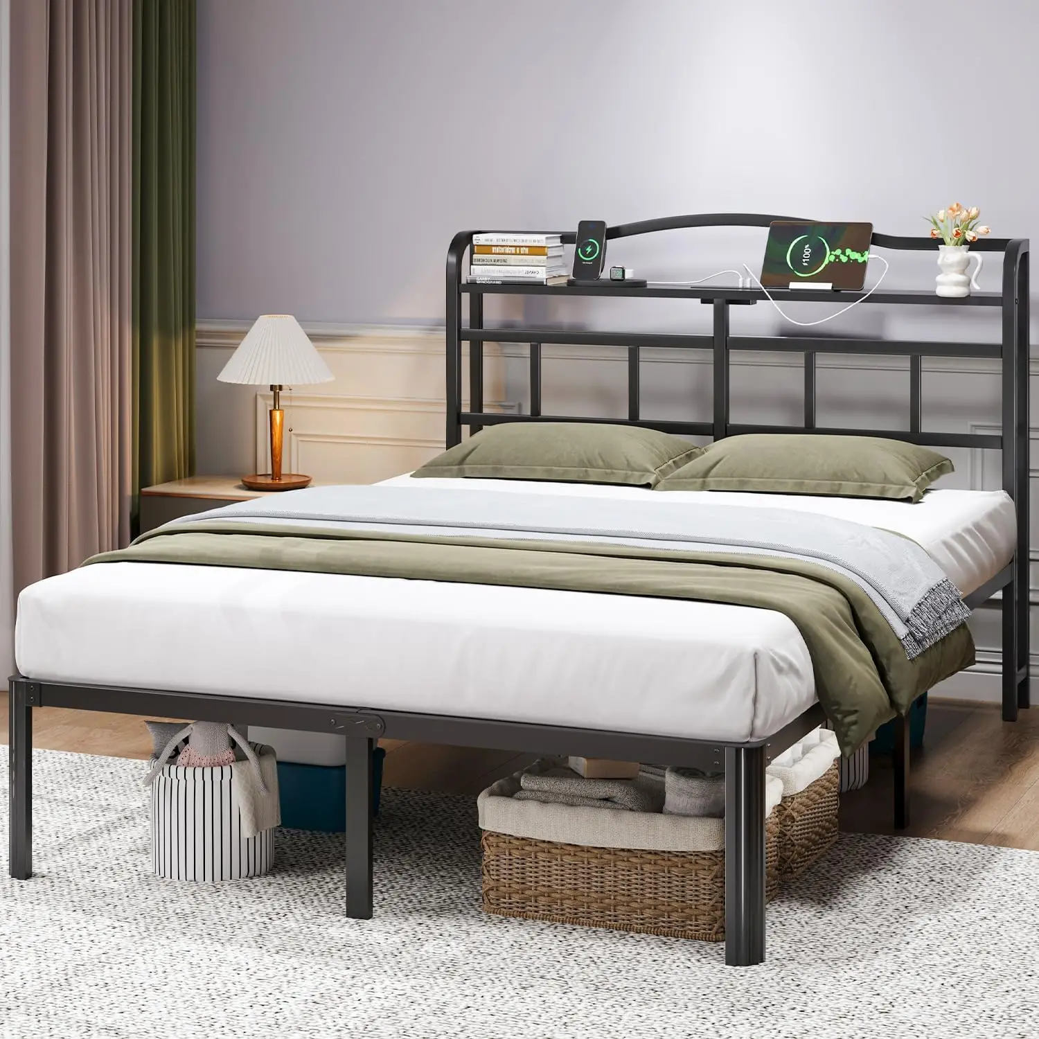 

Full Size Bed Frame - Storage Headboard with Charging Station, 14 Inch Sturdy Metal Platform Bed Frame No Box Spring Nee