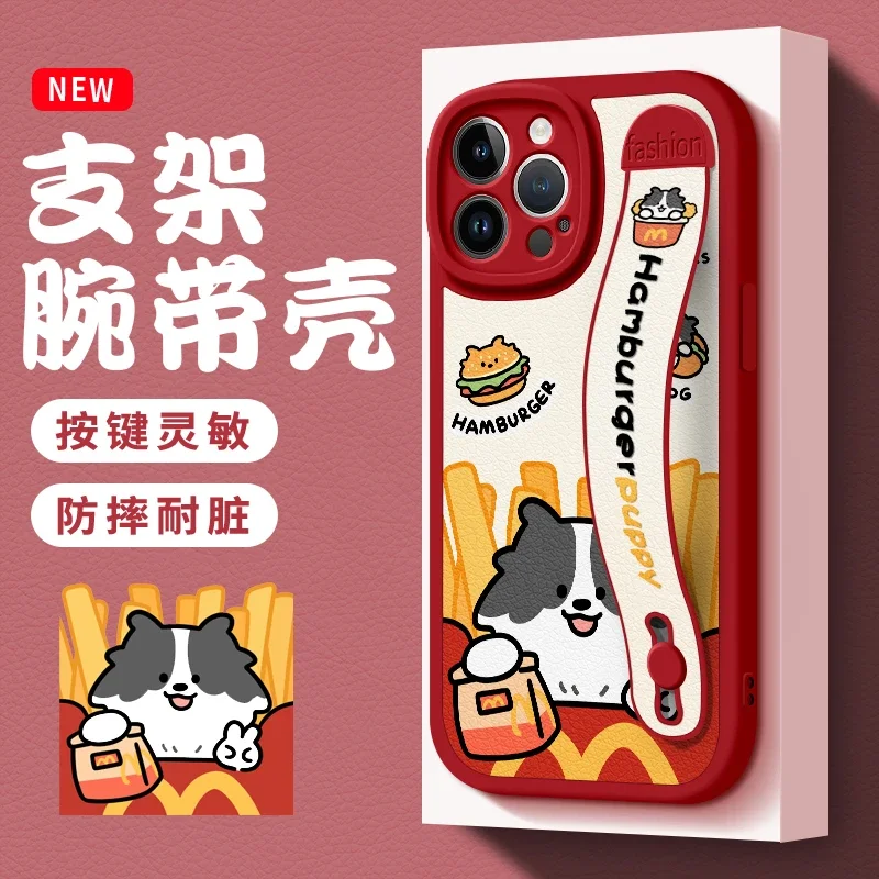 

cute printed phone case for iPhone 11 12 13 14 15 16 Pro Max case with wirst strap hamburger puppy kawaii wristband cover 2026