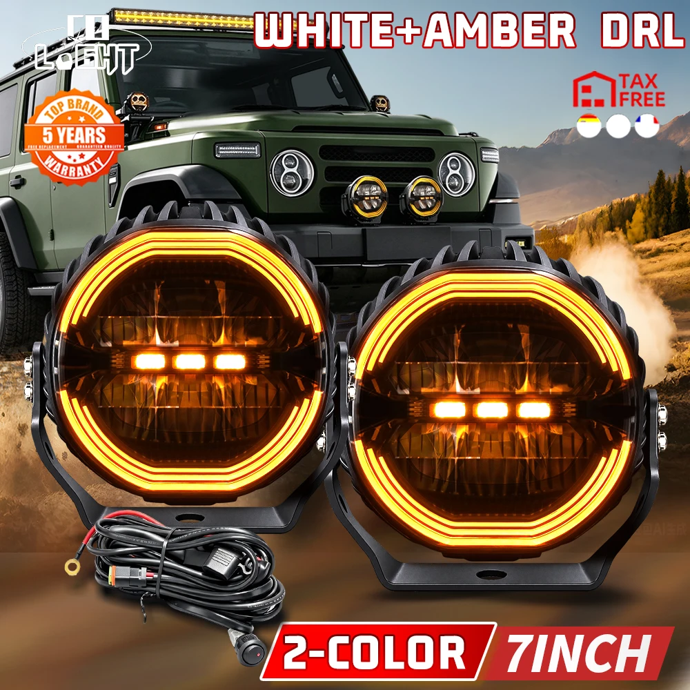 CO LIGHT 7 Inch Round Offroad LED Work Light Waterfall Dynamic DRL Dual Color 12V 24V Driving Light For Jeep Truck off-road use