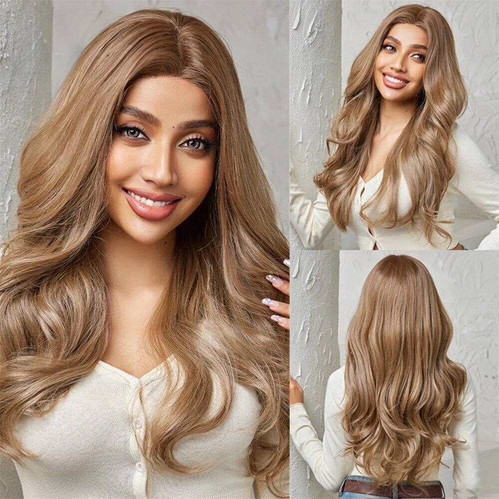 

Light Brown Lace Front Wig Long Curly Wave Middle Parted Wig Natural Hairline