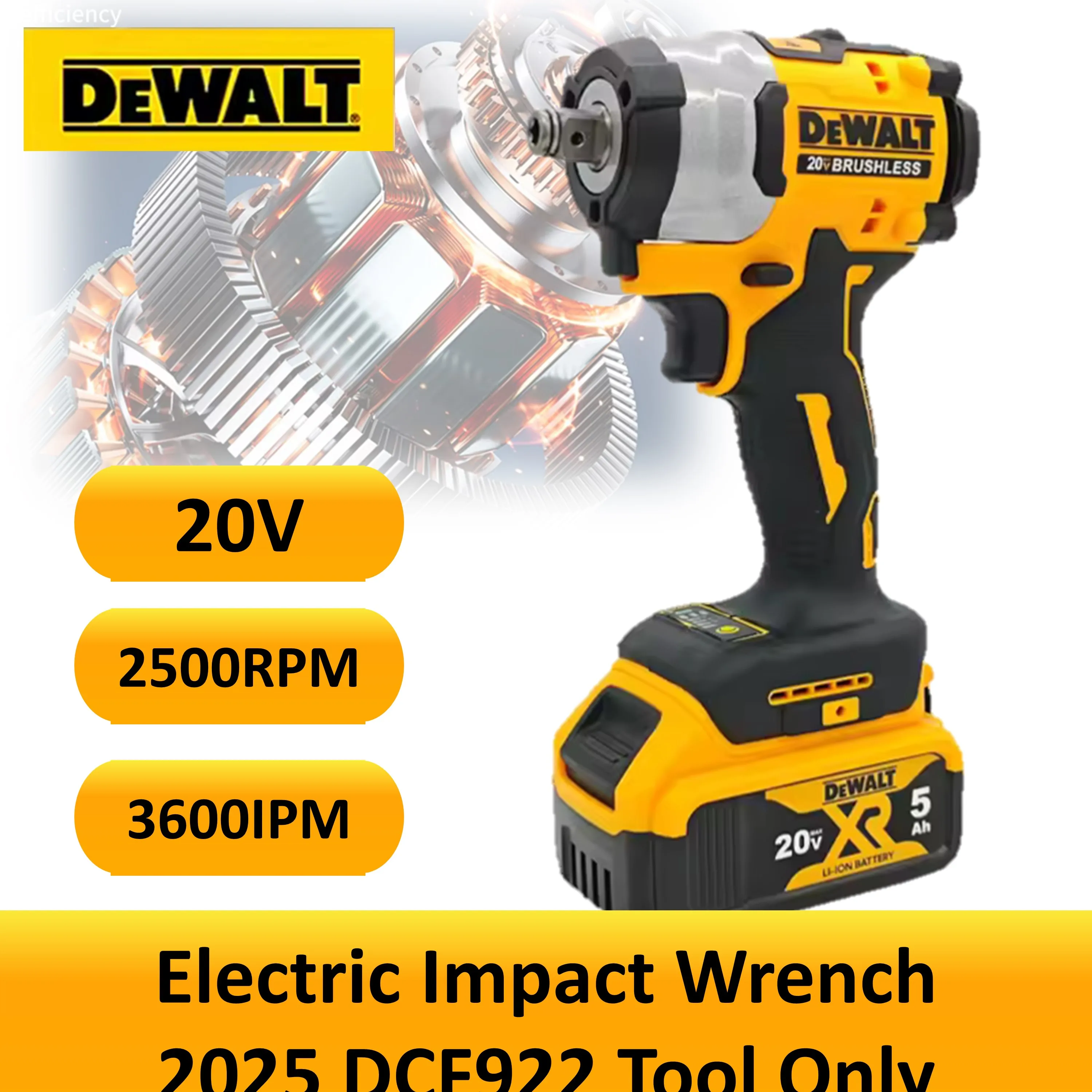 

2025Dewalt DCF922 Wireless Impact Wrench Rechargeable High Torque 205Nm(Reverse) 1/2" 2500 PRM Universal 20V Battery Power Tools
