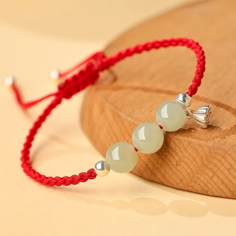 Vintage Hetian Jade Red String Bracelet for Women Handmade Braided Lucky Hand Rope Girls Gifts