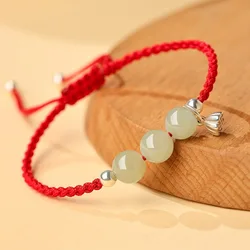 Vintage Hetian Jade Red String Bracelet for Women Handmade Braided Lucky Hand Rope Girls Gifts