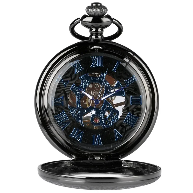 Antique Half Hunter Transparent Case Men Women Mechanical Hand Wind Pocket Watch Fob Pendant Chain Luminous Hands Timepiece