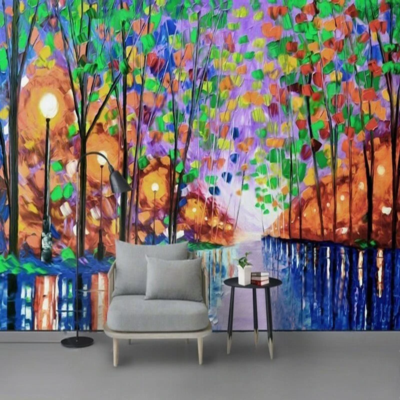 Modern Aesthetic Night Scene Forest Oil Painting Hand-Drawn In Color With A Romantic And Dreamy Atmosphere For A TV Background