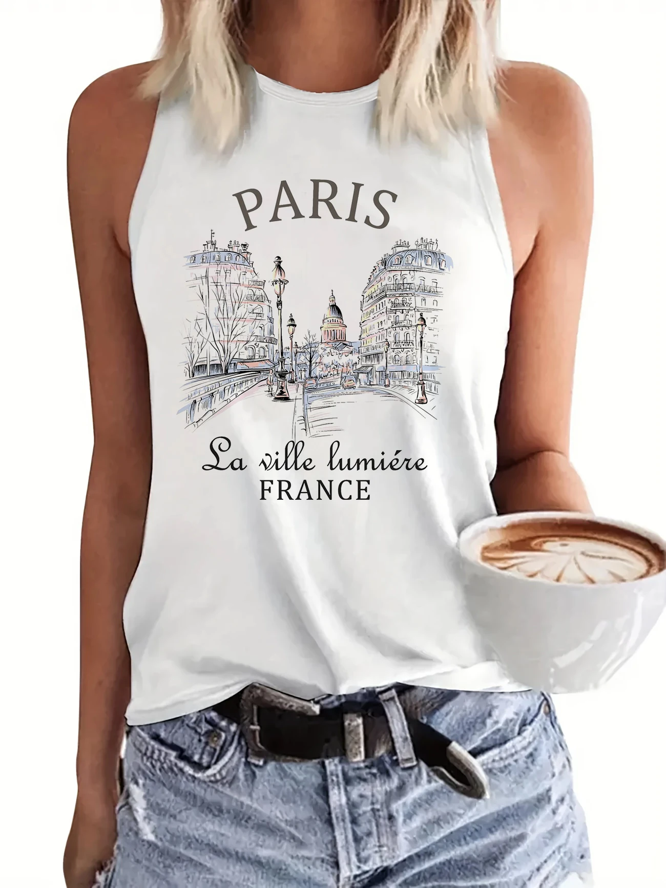 Paris Design T-shirt Printed Vest Graphic Print Tank Top Women’s Sleeveless Crew Neck Casual Top for Summer Spring