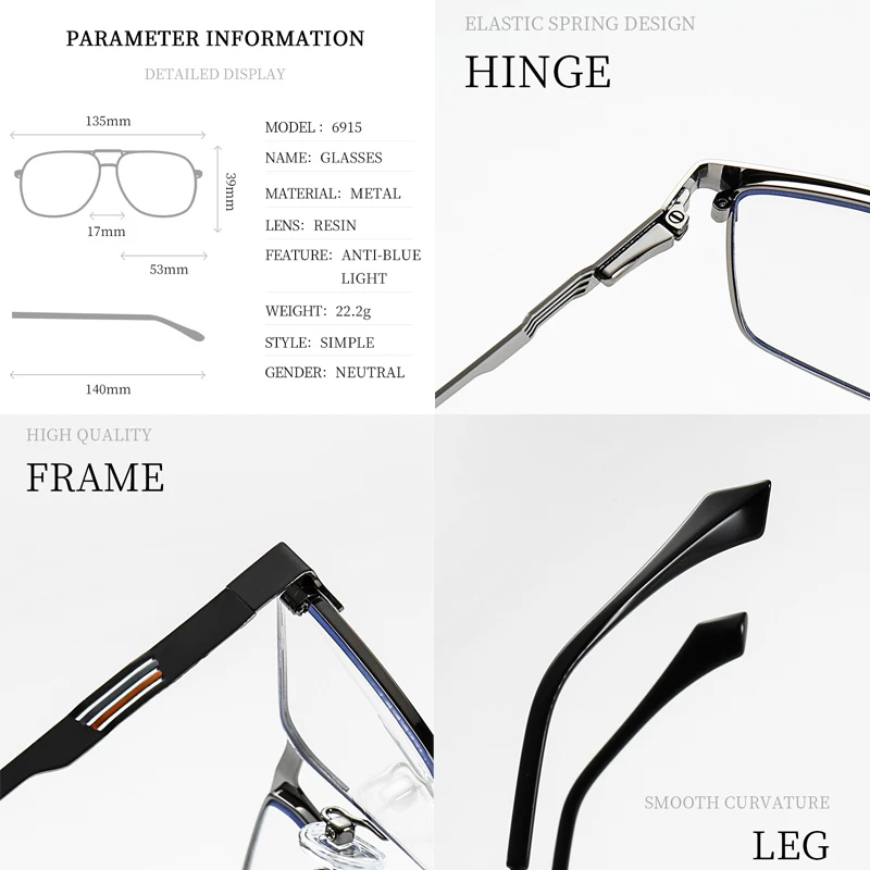 KANSEPT New Metal Eyeglasses Square Frame Business Casual Anti-blue Light Reading Glasses Men\'s Prescription Customized #6915