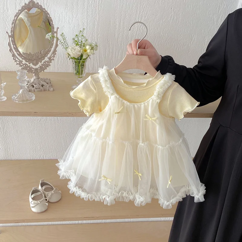 

Dianxi Girls' Summer New Style Infant Stylish Short-Sleeved Princess Dress Two-Piece Set with Suspender Tulle Skirt