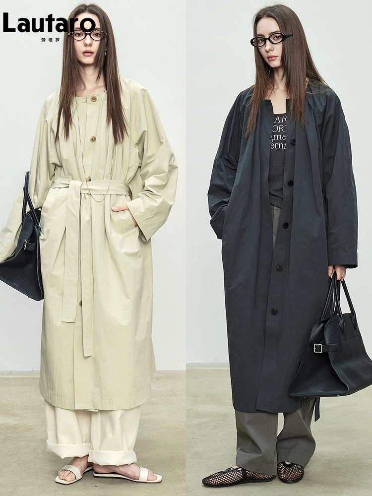 Lautaro Spring Autumn Long Oversized Navy Blue Trench Coat for Women Single Breasted Elegant Chic Luxury Designer Clothing 2026 view 5