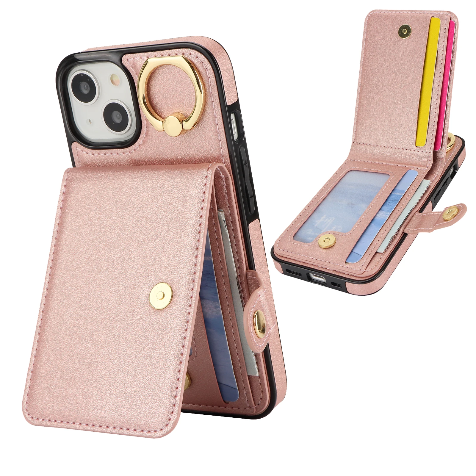 

Shockproof Flip Leather Card Holder Wallet Case for iPhone 15 Plus 14 13 12 11, Credit Cards Pocket Kickstand Ring Holder Cover