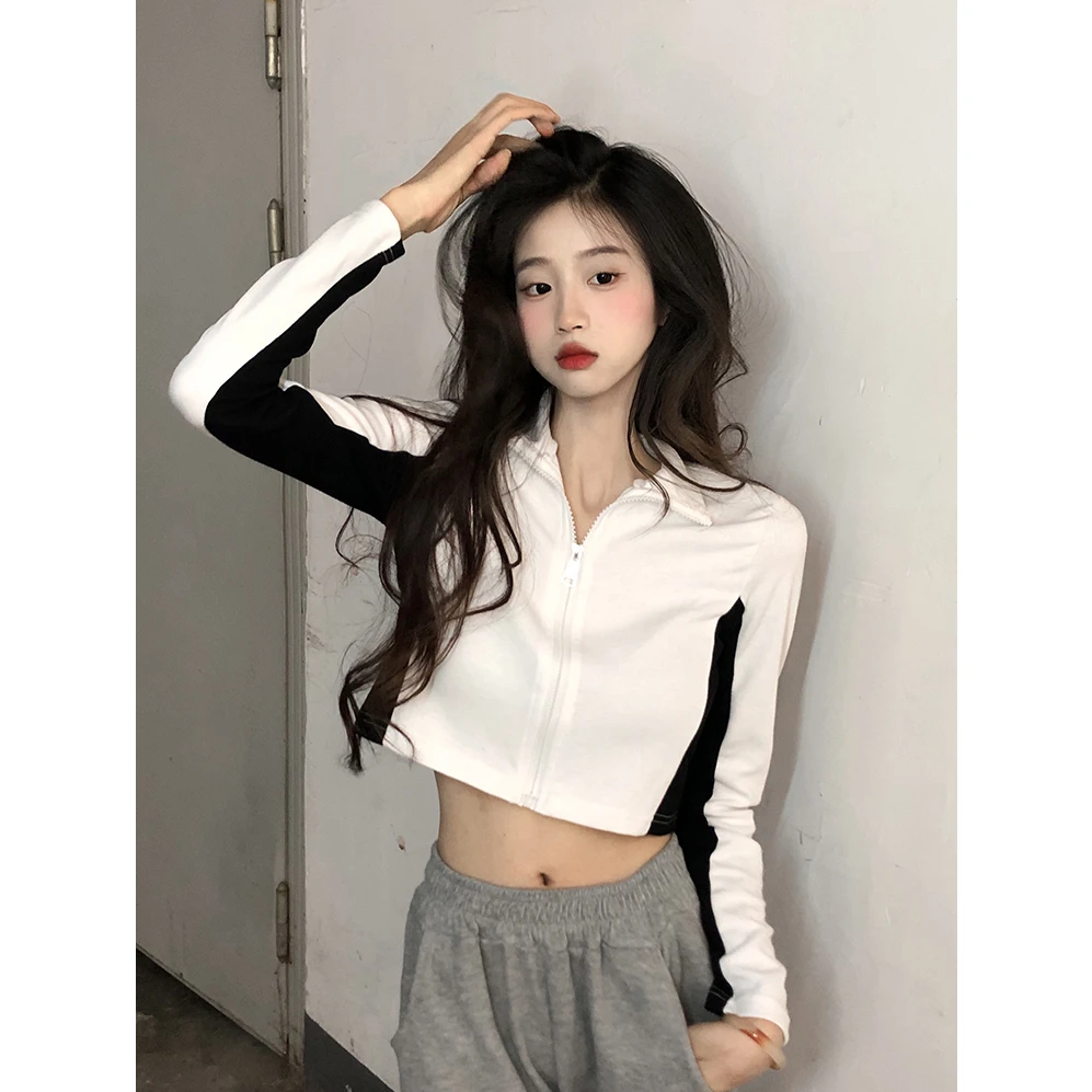 Spicy Girl Zipper Long Sleeve Stand Collar Short Cardigan Women's Slim Fit Contrast Color Shoulder Insertion Shirt for Autumn