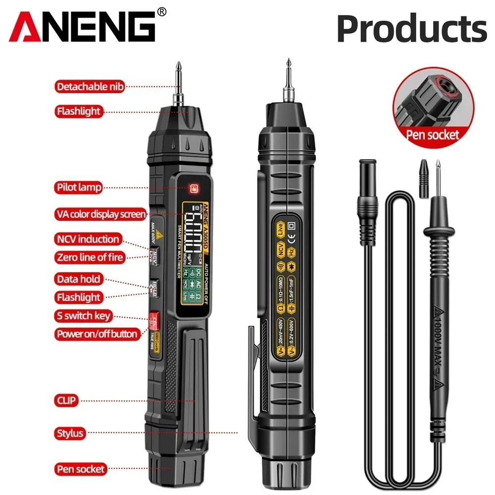 

A3005D 6000 Counts Digital Multimeter Pen-type Professional Meter Non-Contact AUTO AC/DC Voltage Tester NCV Ohm Diode For Tools