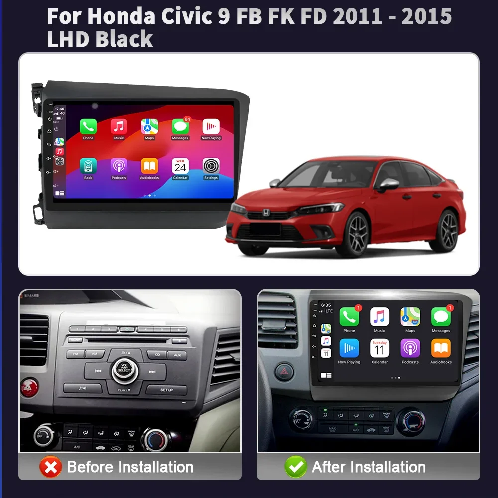 Android Bluetooth Wireless CarPlay Screen Stereo Car Radio Multimedia Player Navigation For Honda Civic 9 FB FK FD 2011 - 2015