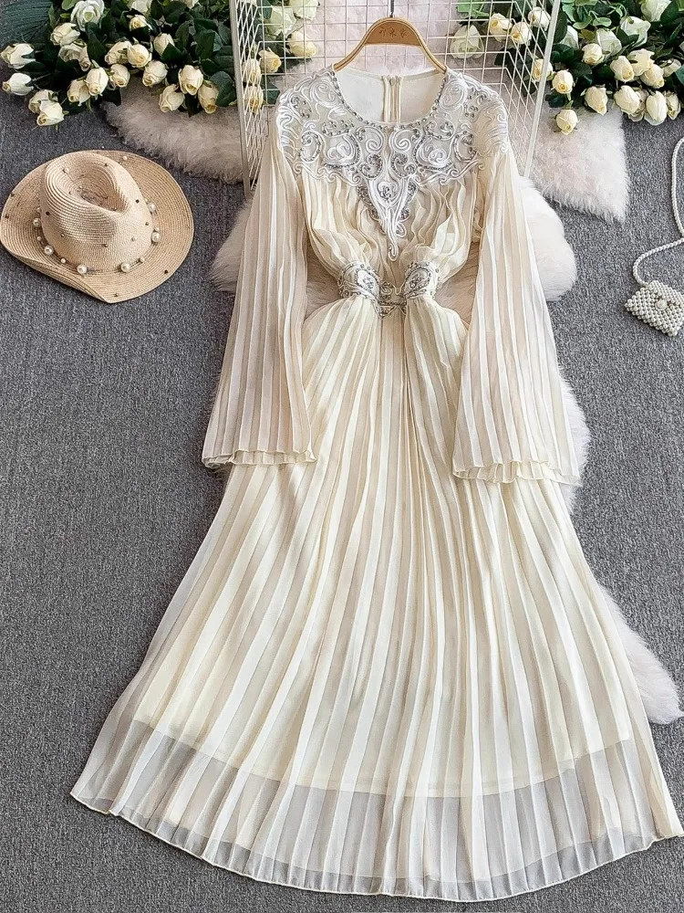 Elegant Dress Women Chiffon Long Skirts Summer Luxury Lace Crystal Bead Sleeve Flower Belt Prom Evening Formal Dresses Autumn