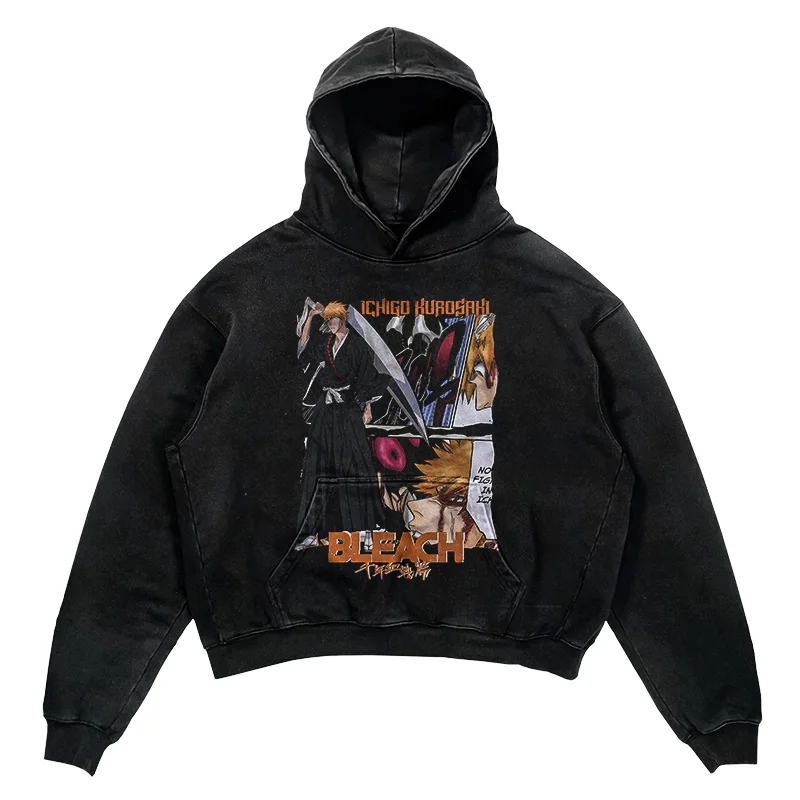 TIDESHEC 2024 Retro Death Anime Print Hoodie Hip Hop Streetwear Japanese Manga Graphic Pullover Hoodie SS1