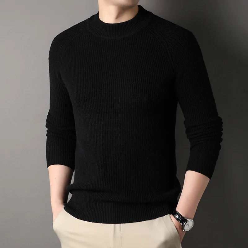 سترة رجالية سميكة شتوية جديدة بلوفر نصف رقبة مستديرة عالية محبوك سترة صوف قميص قاعدة دافئ