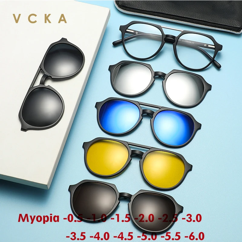 VCKA Polygon Magnet Clip Myopia Sunglasses 6 in 1  Men Women Glasses Frame Double Beam Custom Prescription Eyewear -0.5 to -10