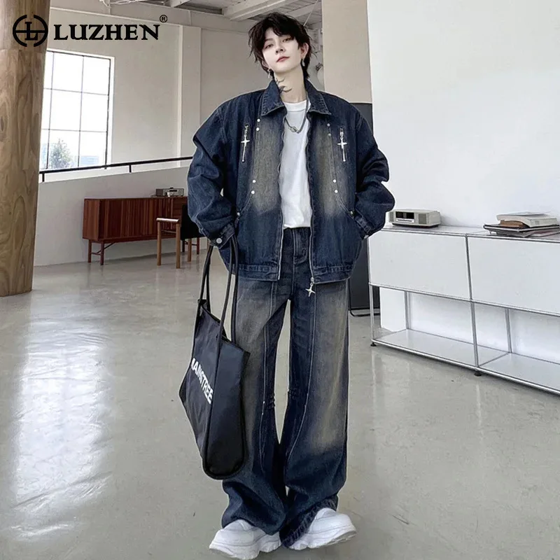 

LUZHEN Denim Jacket Sets Retro Washed Rivet Metal Decorate Jeans Straight Two Piece Casual Men Loose 2024 Autumn Clothing LZ5219