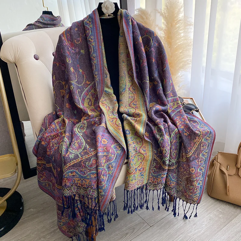 빈티지 여성용 겨울 인조 캐시미어 스카프 두꺼운 테슬 프린트 숄 랩 따뜻한 목도리 & 반다나 다용도 액세서리