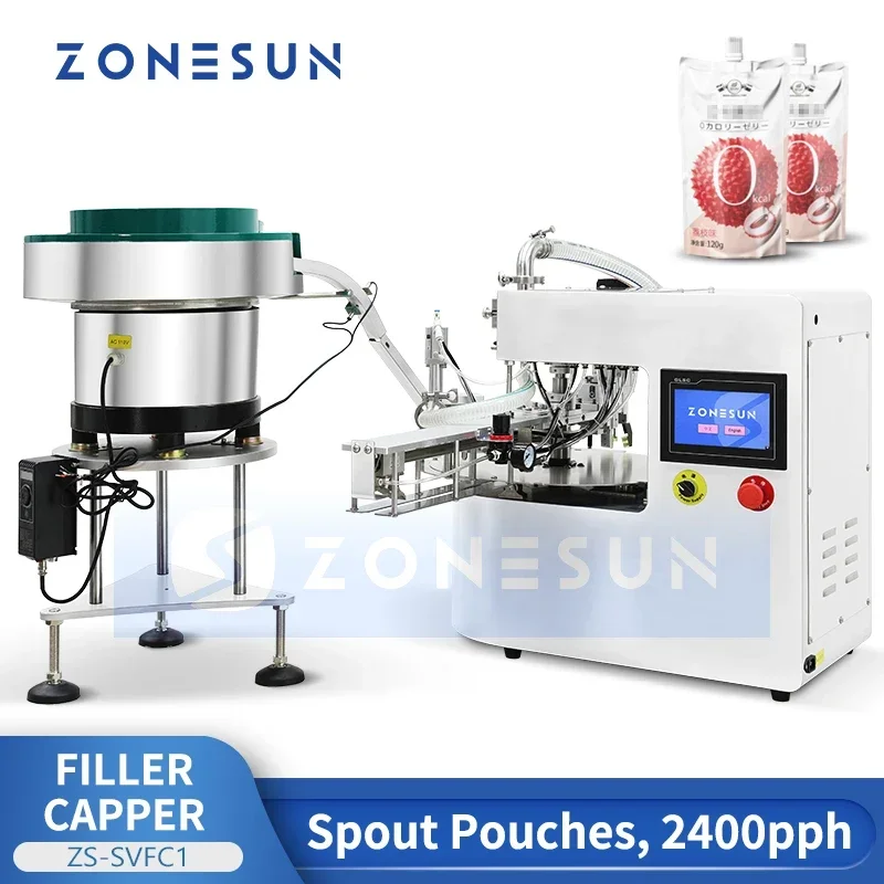 ZONESUN Spout Pouch Filling and Capping Machine with Cap Feeder Spout Bag Filler Capper Monoblock Gear Pump Servo Motor ZS-SVFC1