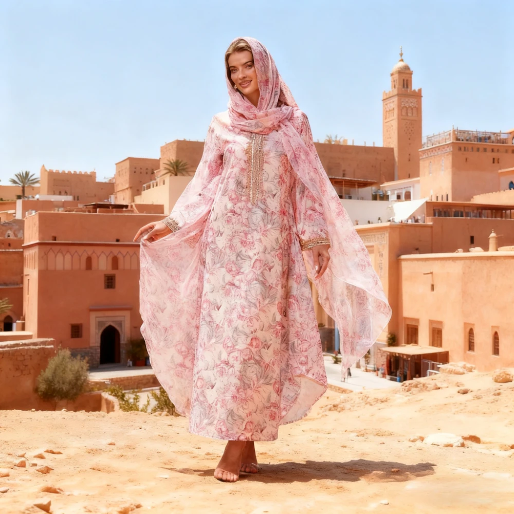 이드 아바야 여성 드레스 무슬림 플로럴 V넥 두바이 베스티도스 라르고스 롱 드레스 카프탄 아랍 로브 파티 카프탄 잘라비야 라마단