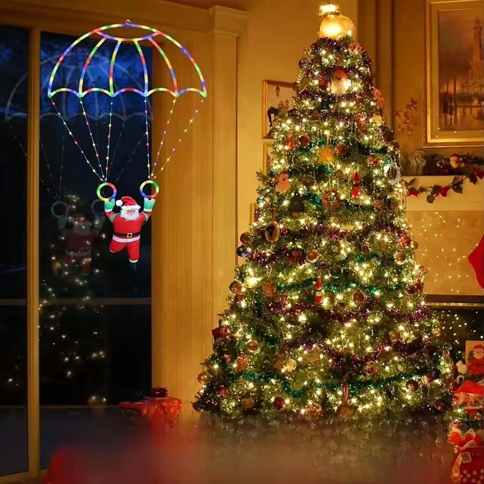 LED Christmas Parachute Lights with Santa Claus USB Powered for Roof Eave Balcony Garden Christmas Festival Atmosphere Decor ﻿