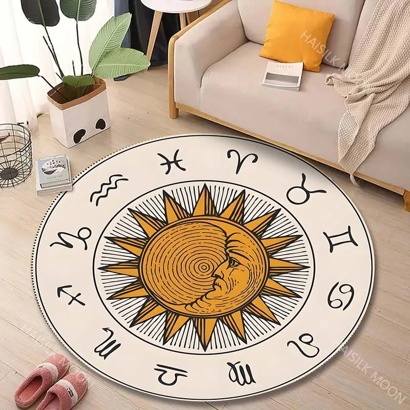 1PC Zodiac signs around sun image Print Round Carpet for Living Room Bedroom Sofa Table Floor Mat Area Rug Luxury Gift