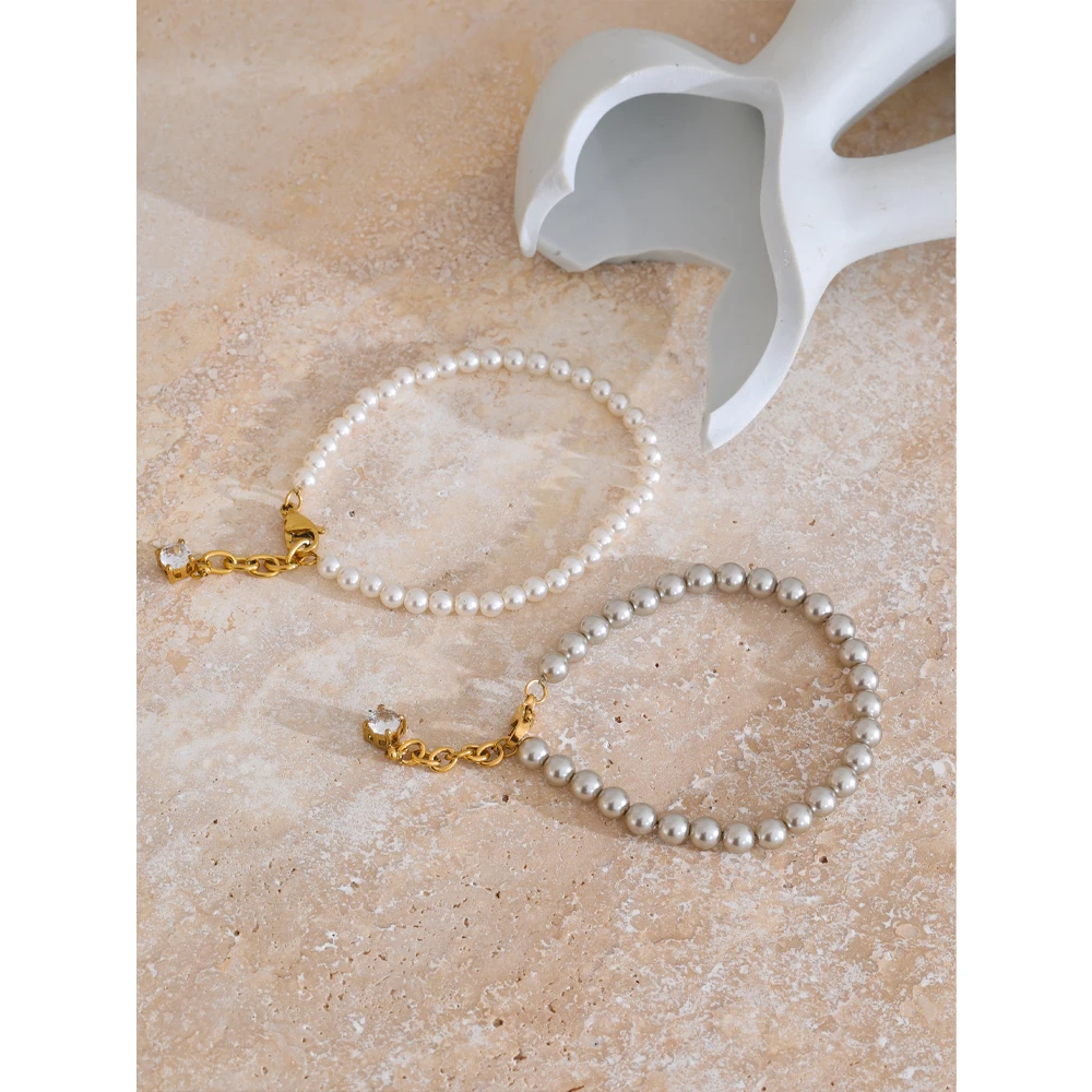 Yhpup High Quality Simulated Pearls Beads Zircon Handmade Exquisite Chain Bracelet Women Stainless Steel Elegant Korean Jewelry