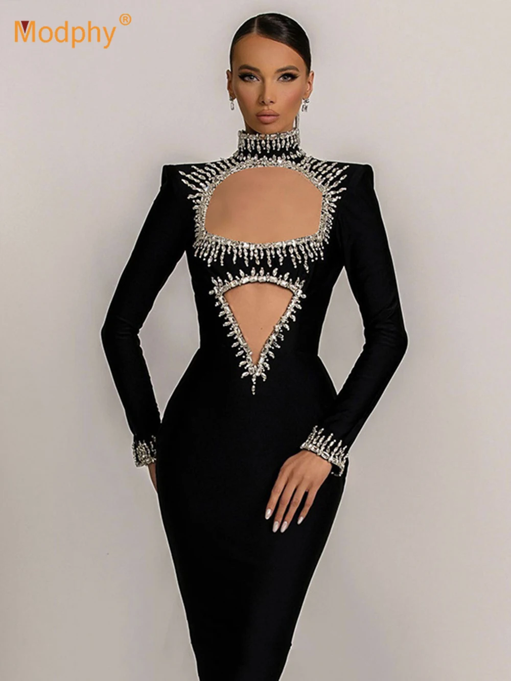 

Modphy Luxury Dress Women'S Diamond Mesh Stand Collar Long Sleeved Tight Long Bandage Dress Fashion Celebrity Evening Party Gown