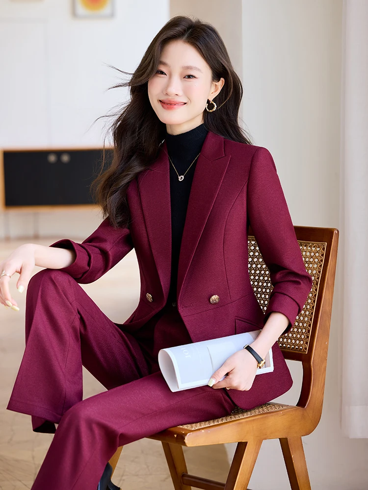 Purple Red Suit Jacket Women's Commute Workwear Formal High End Ladies Professional Outfit Set Polyester Fiber Regular Thickness