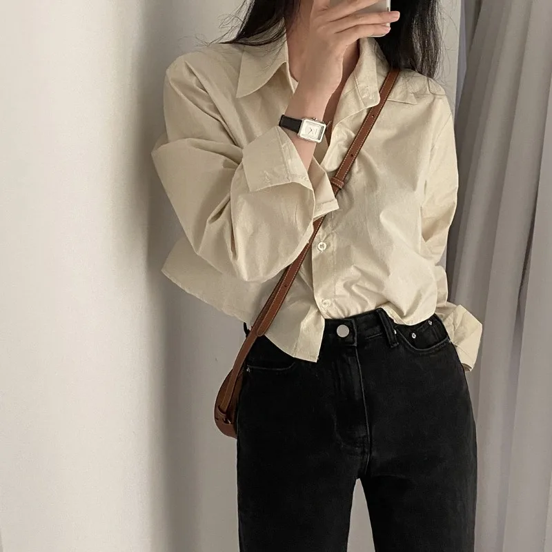 Women Fashion White Blouse Summer Harajuku Cropped Shirts Chic Elegant Long Sleeve Tops Korean Casual Loose Office Clothes 블라우스