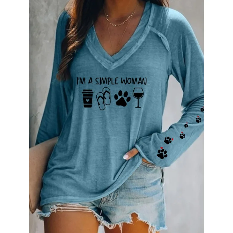 ilstile Women's Dog Paw Print T-Shirts Summer Casual Loose Long Sleeve V Neck Tops Black Blue Grey T Shirt Hot Sale