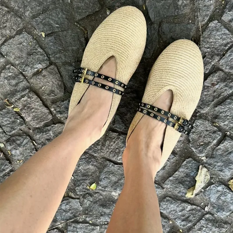 Concise Espadrille Shoes For Women Buckle Strap Round Toe Flat Shallow Female Shoes Designer New Brand Leisure Weave Ballet Shoe