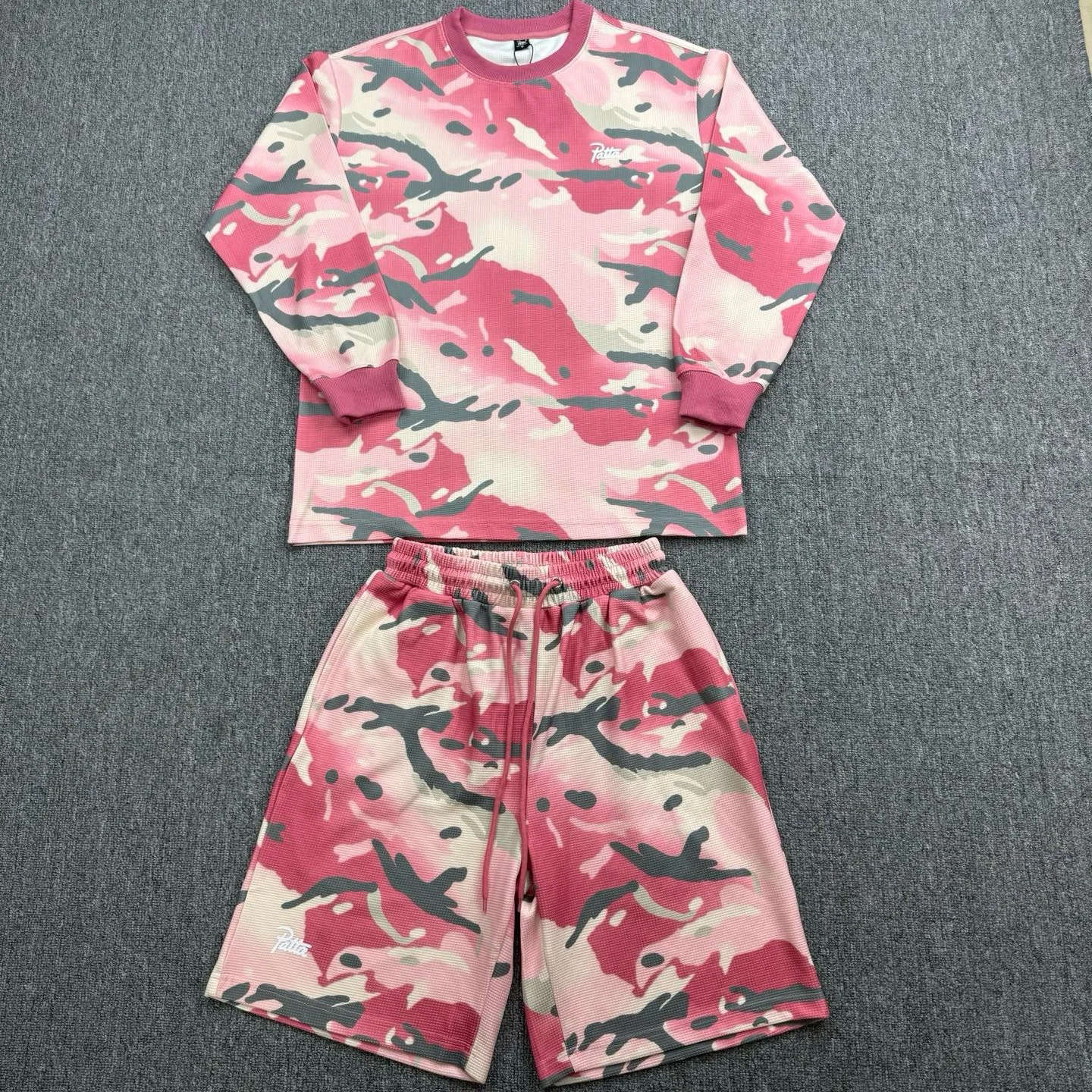 Patta Summer Camouflage Long-Sleeved T-shirt Loose Straight Five-Piece Pants Spring Waffle-Style Sporty Casual Set