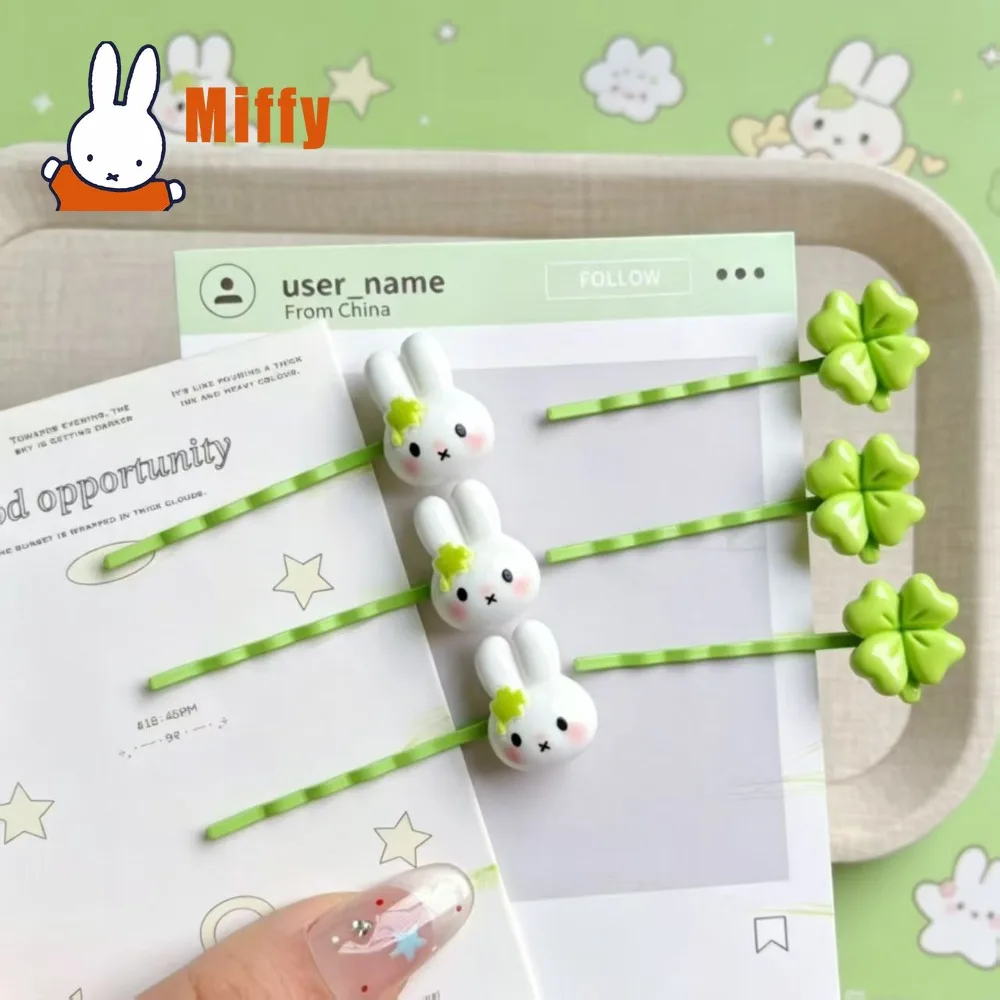 Kawaii Miffy Hairpin Cute Rabbit Four Leaf Clover Resin Mini Bobby Pin Pastel Green Glossy Adorable Hair Accessory Girl Gift