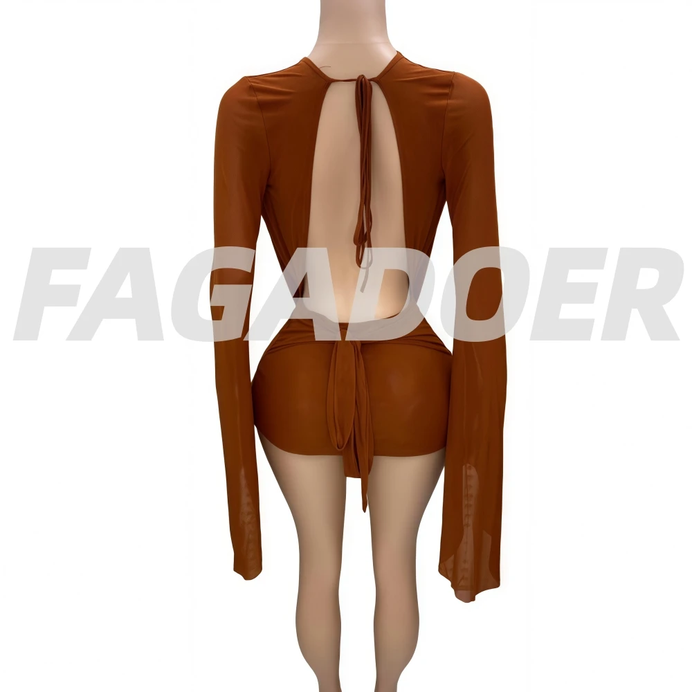 FAGADOER Sexy Mesh See Through Mini Bodycon Dress Women Long Sleeves Deep V-neck Irregular Dresses Female Streetwear Vestidos - Image 6