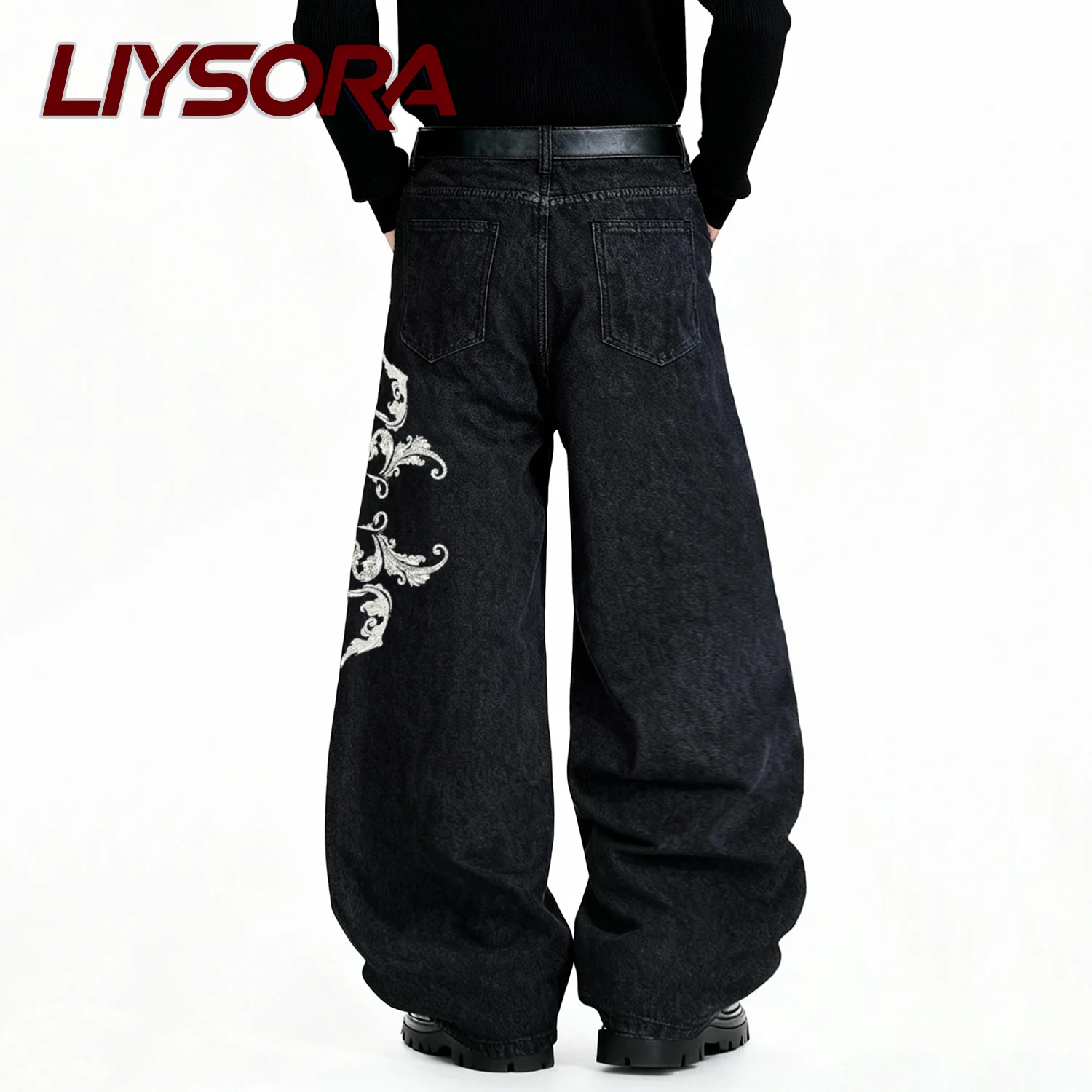 الأمريكية الرجعية الشارع الرجال فضفاض واسعة الساق الجينز أجنحة التطريز زر تصميم الهيب هوب باد بوي فضفاض الدنيم السراويل للجنسين الملابس