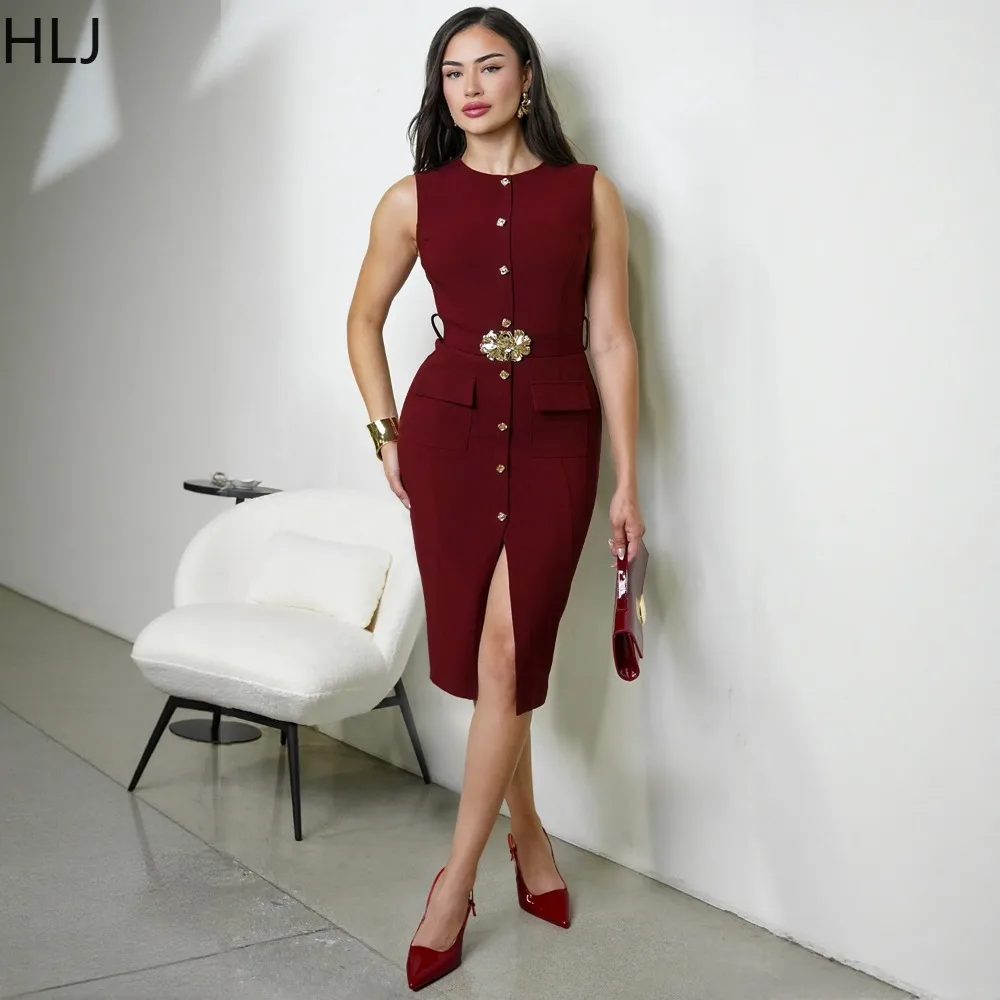 HLJ élégant couleur unie robes moulantes pour femme sans manches simple boutonnage fente robe femme fête nuit anniversaire robes nouveau