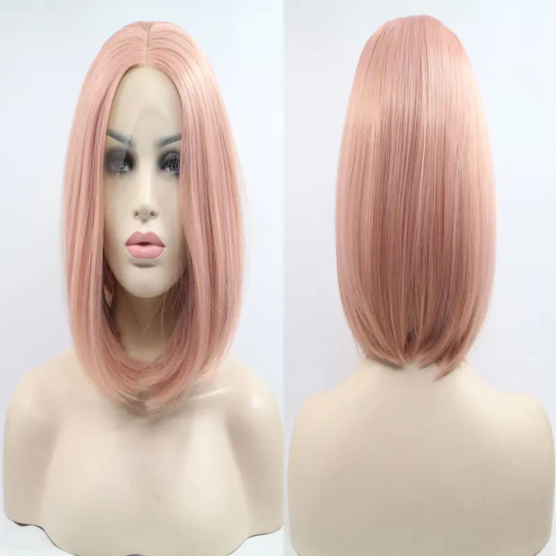 Rose Peach Pink Short Straight Bob Hair Wig Synthetic Lace Front Wig Glueless Heat Resistant Fiber Hair Middle Parting For Women