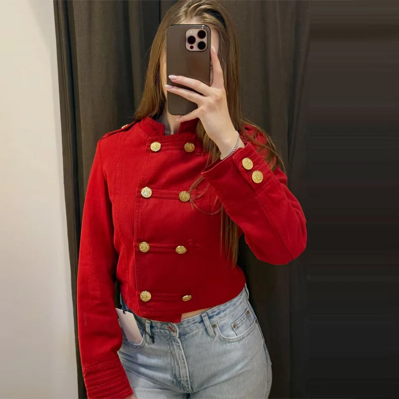 HXAO Rote Cropped-Jacke für Damen, Demi-Season 2026, elegante O-Ausschnitt-Jacke mit Doppelreihenknöpfen und langen Ärmeln, schicke Militär-Oberbekleidung – Detail 9
