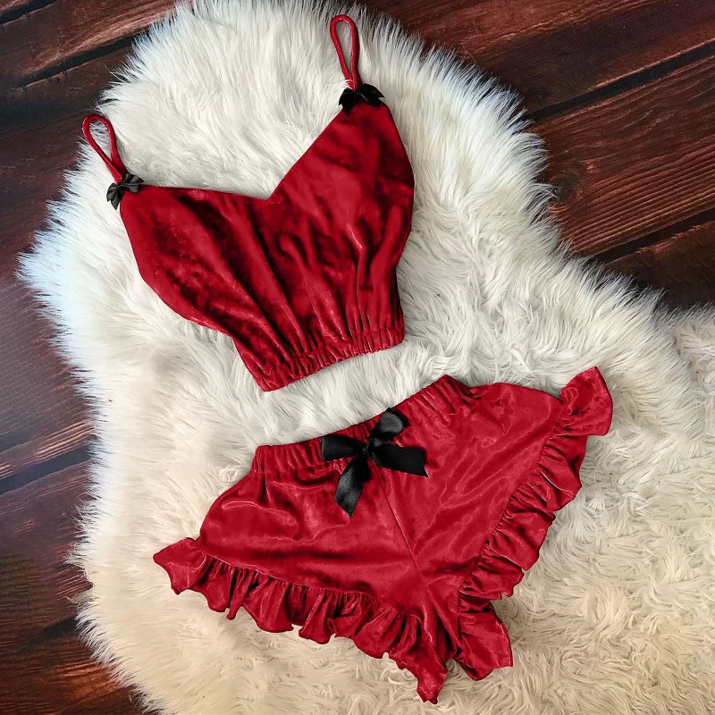 

Colorful Velvet Camisole Pajamas Two Piece Set Ladies Comfortable Home Casual Clothes