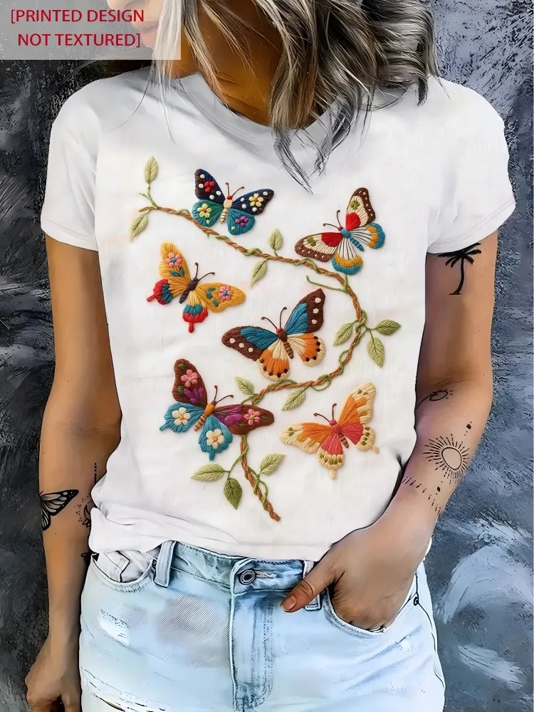 Forest Style Butterfly and Floral Print Short Sleeved Women's Fashionable Casual T-shirt Round Neck Top Women's Clothing
