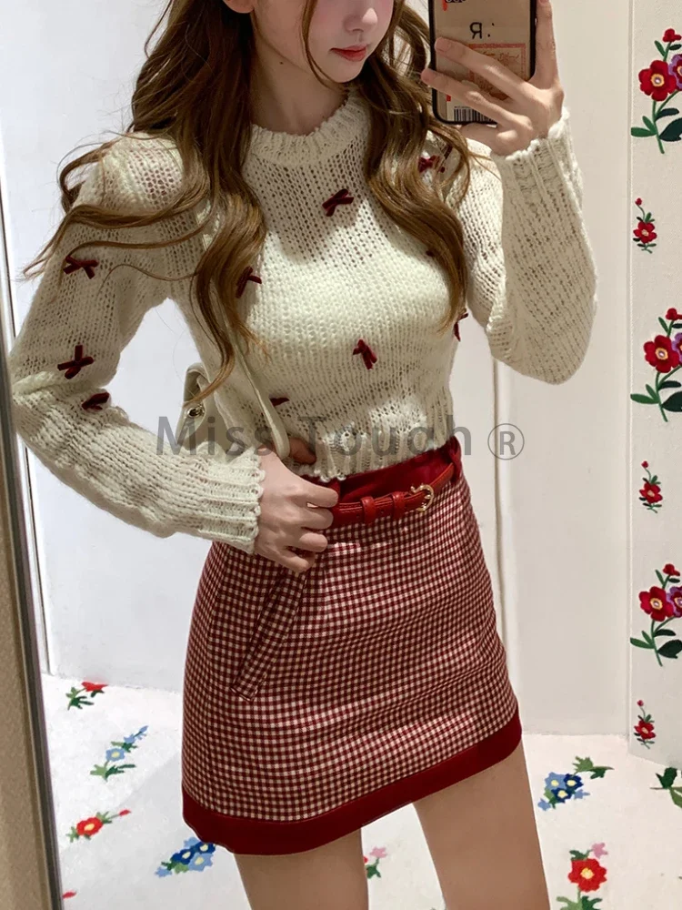 Bow Japanese Kawaii Two Piece Set Women Sweet Party Plaid Elegant Skirts Suit Female Korean Knitted Tops＋Vintage Mini Skirt 2023