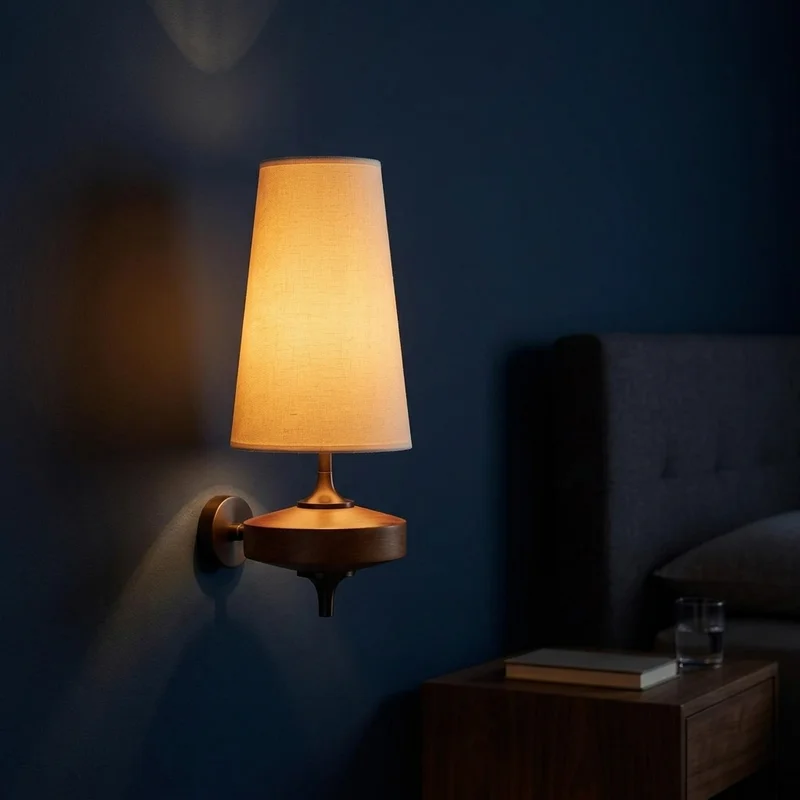 Japanese Fabric And Wood Tapered Shade Wall Mounted Bedside Bedroom Hotel Living Room Home Interior Decor Mid Century Wall Lamp