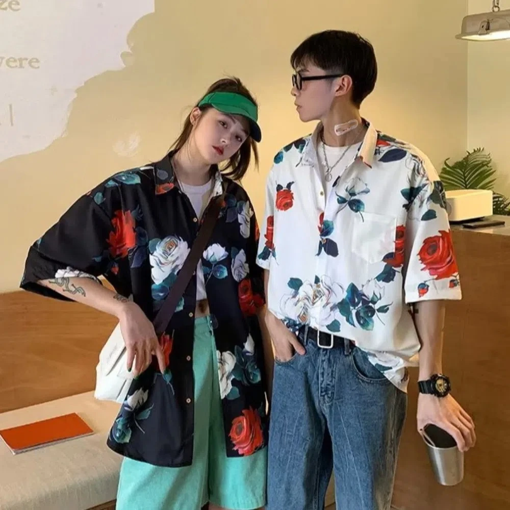 

Модная свободная одежда для пар, футболка с коротким рукавом и v-образным вырезом для мужчин и женщин, рубашки с цветочным принтом, уличная одежда в стиле ретро, милые рубашки для девочек, летние